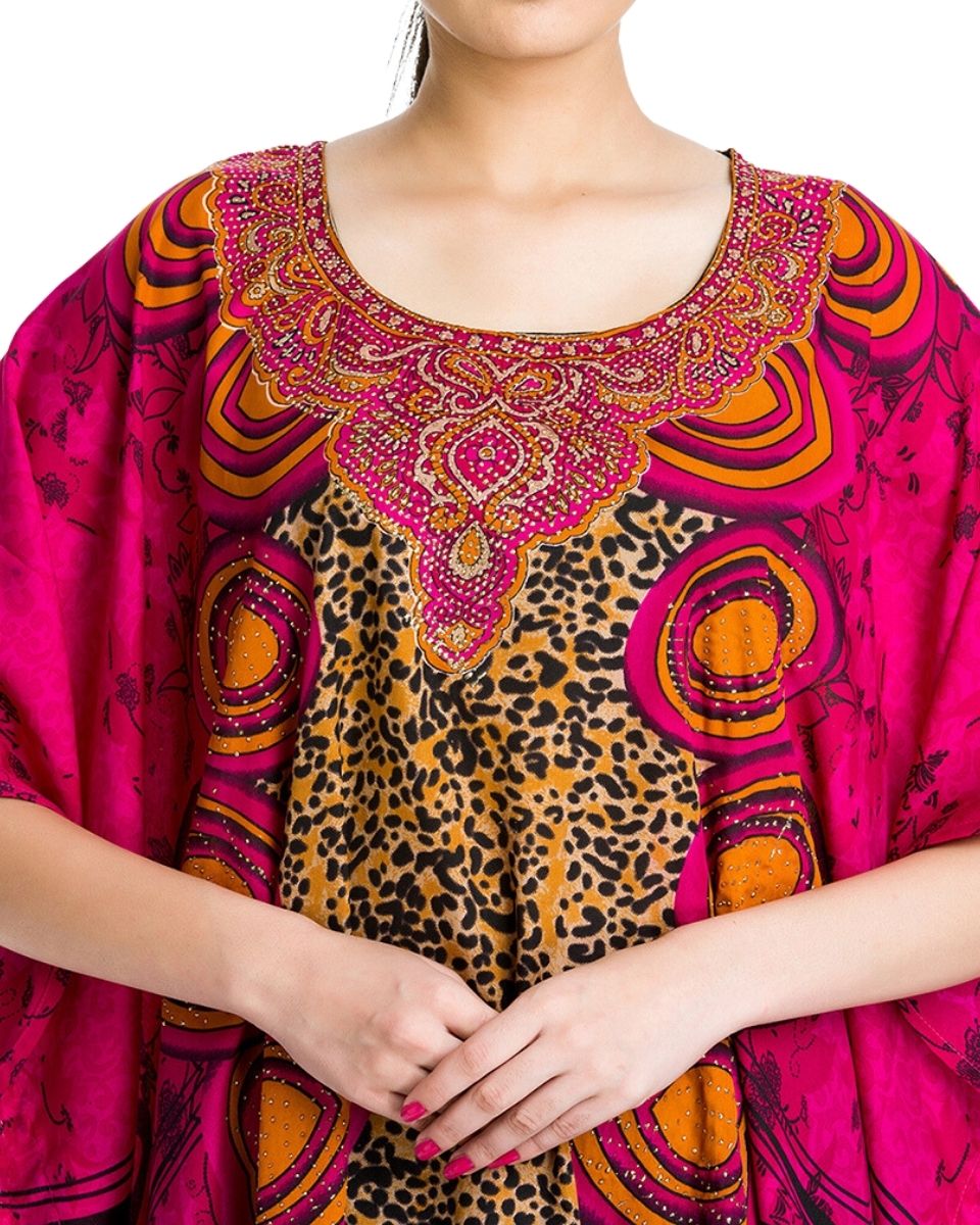 Leopard Pattern Pink Polyester Kaftan For Plus Size Women