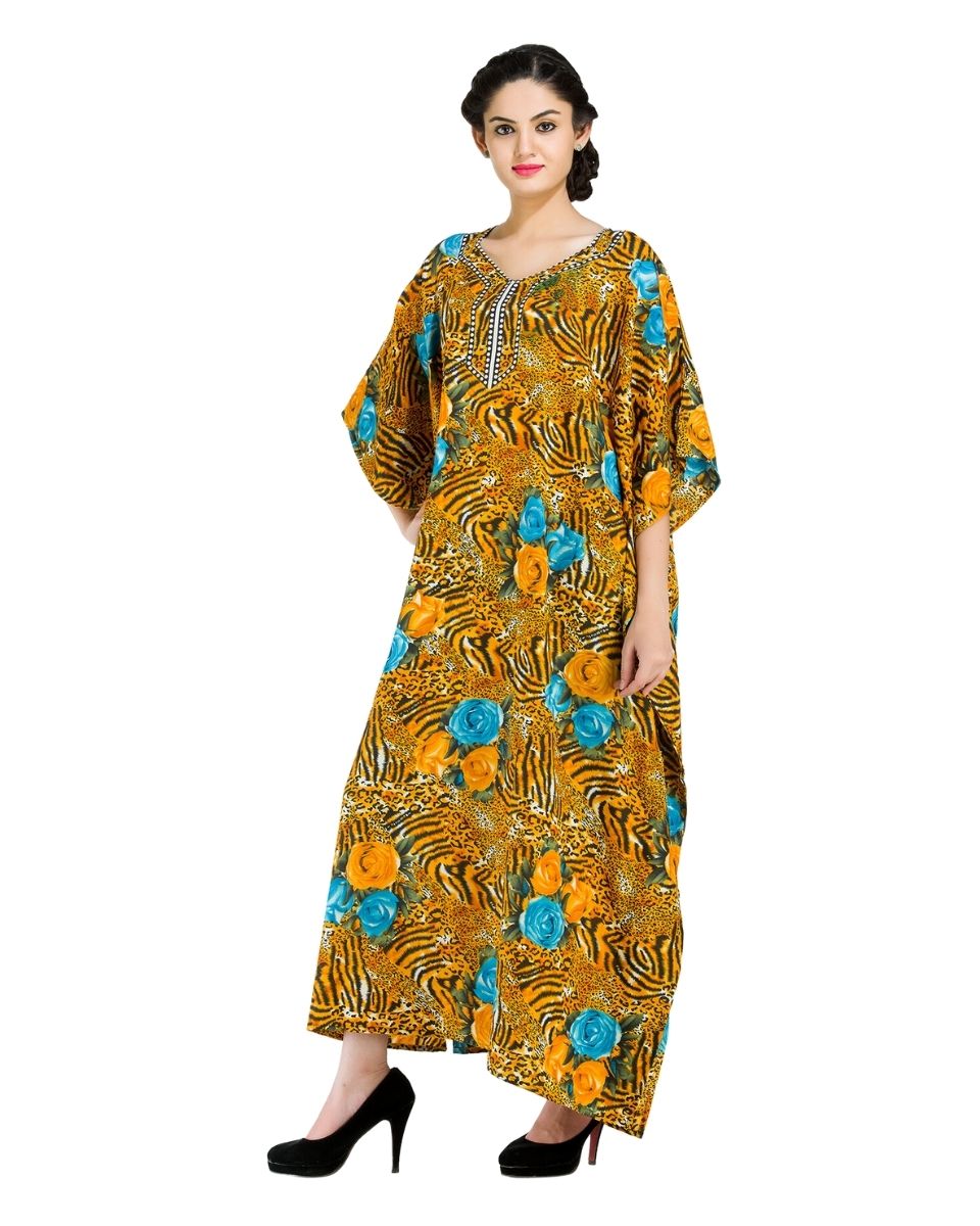 Polyester Floral Print Kimono Sleeve Kaftan For Plus Size Women