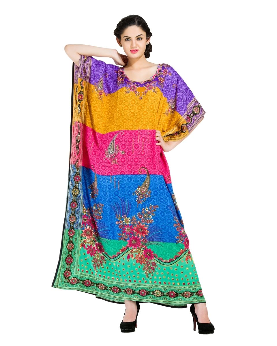 Resort Wear Multicolor Polyester Maxi Plus Size Kaftan For Women