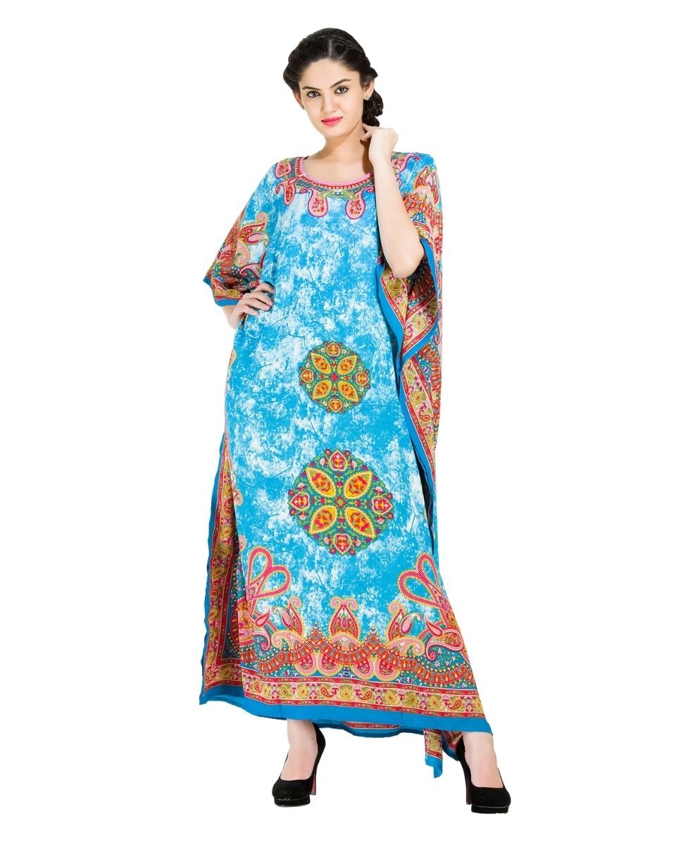 Sky Blue Paisley Print Plus Size Polyester Kaftan For Women