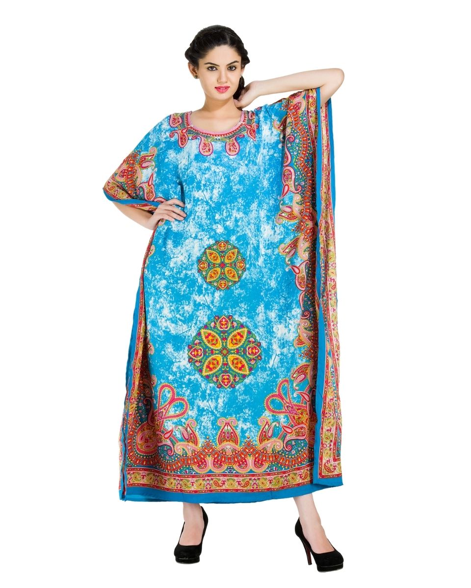 Sky Blue Paisley Print Plus Size Polyester Kaftan For Women