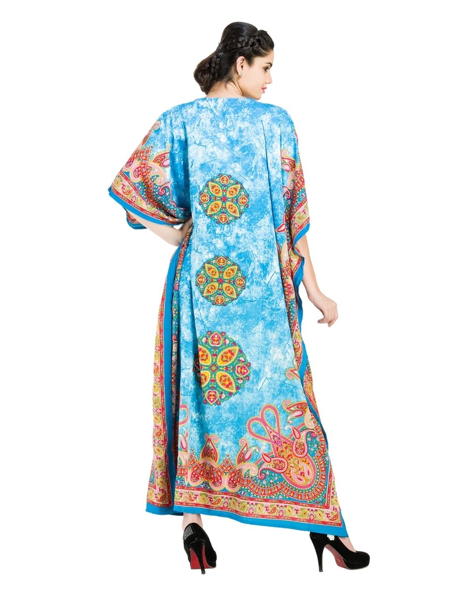 Sky Blue Paisley Print Plus Size Polyester Kaftan For Women