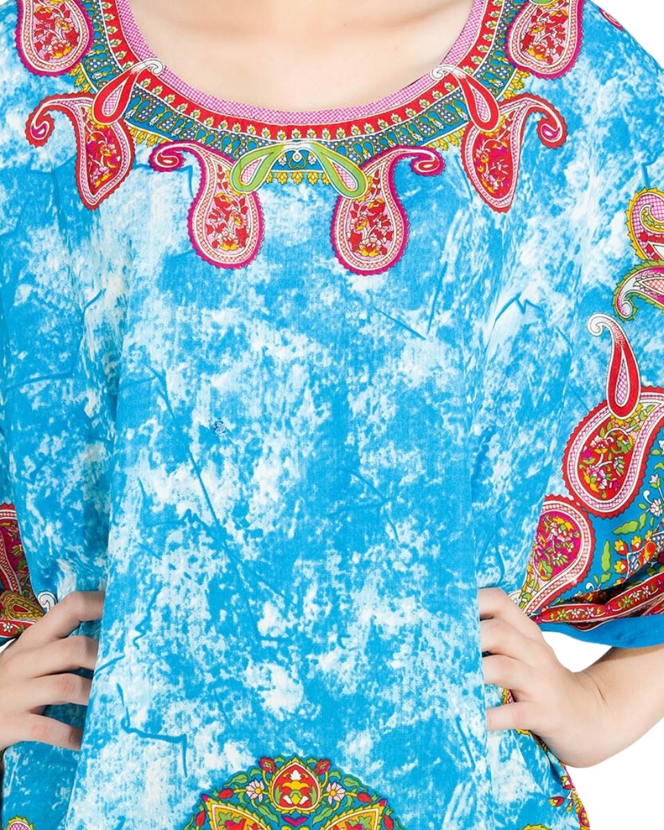 Sky Blue Paisley Print Plus Size Polyester Kaftan For Women