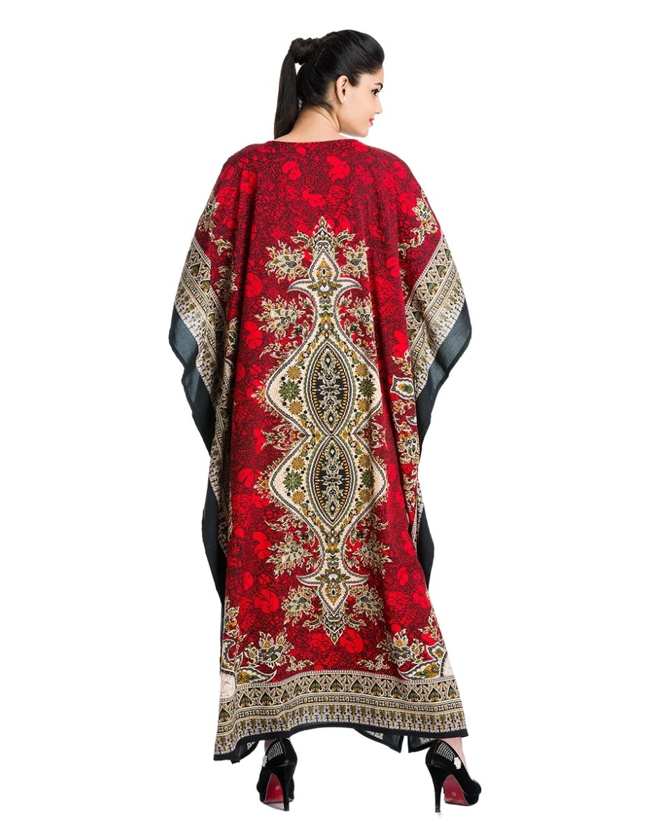 Women Red Polyester Kimono Sleeve Plus Size Kaftan