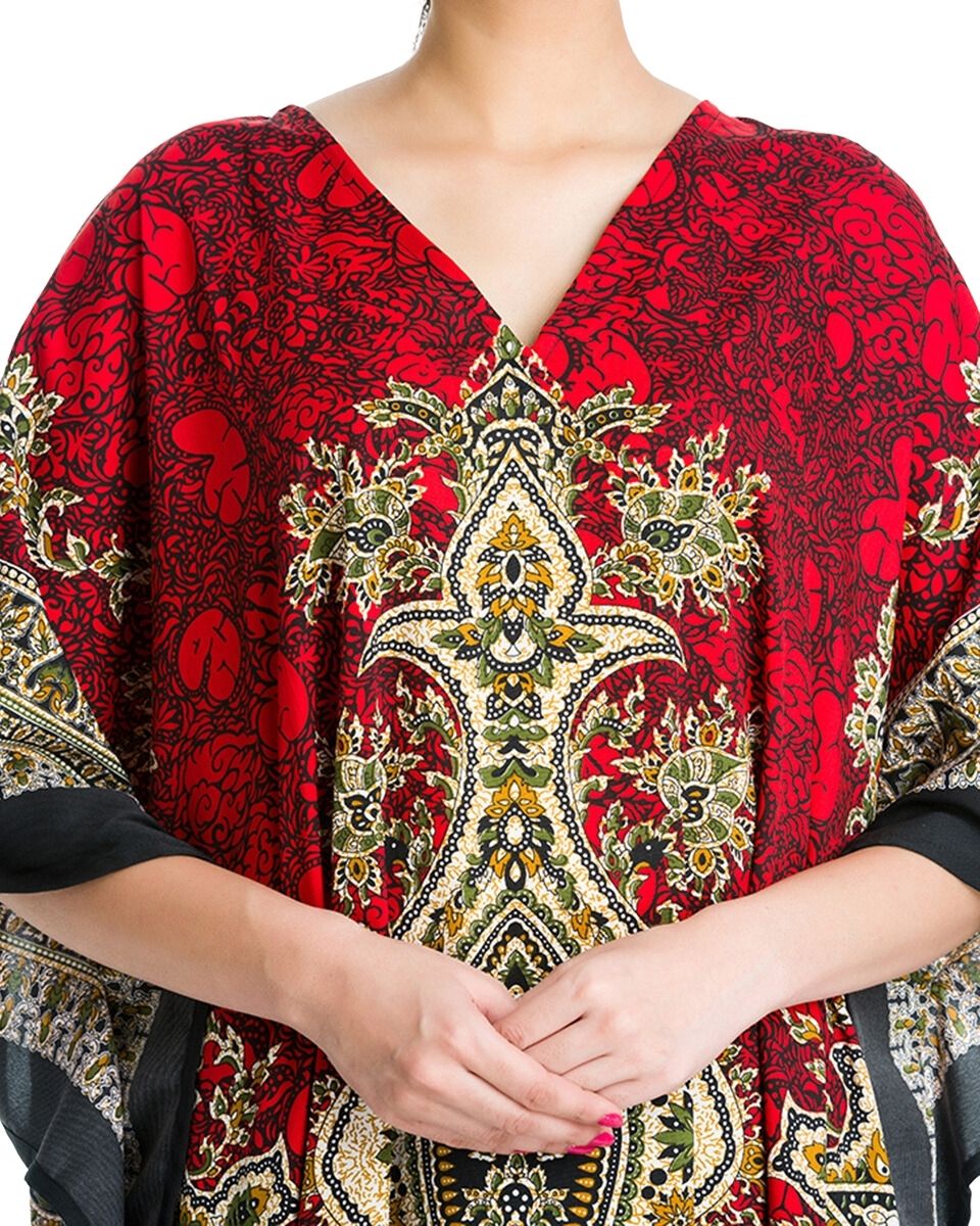 Women Red Polyester Kimono Sleeve Plus Size Kaftan