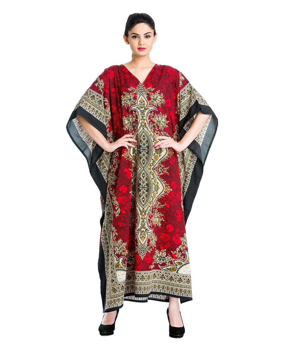 Women Red Polyester Kimono Sleeve Plus Size Kaftan