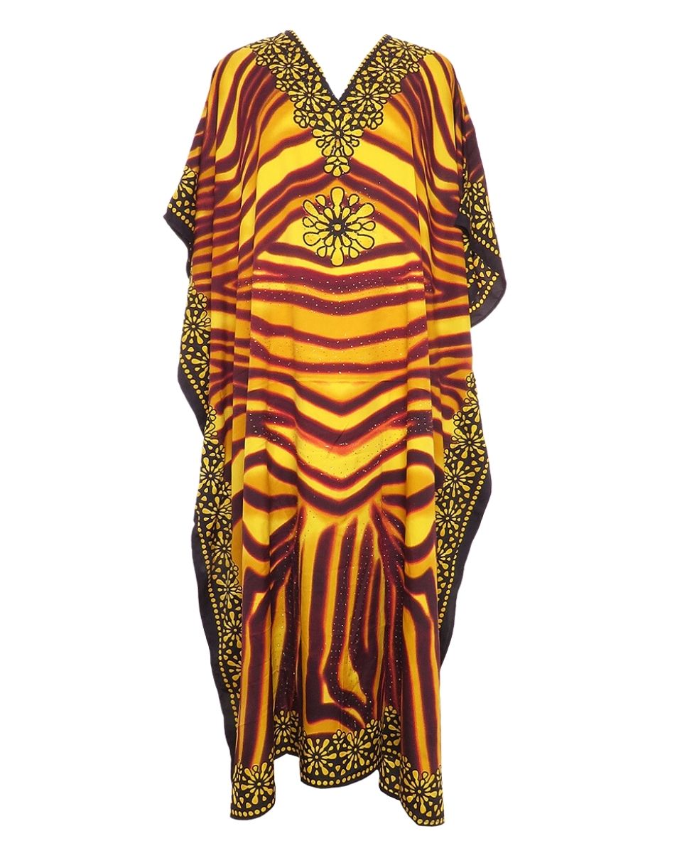 Yellow Floral Print Plus Size Polyester Kaftan For Women