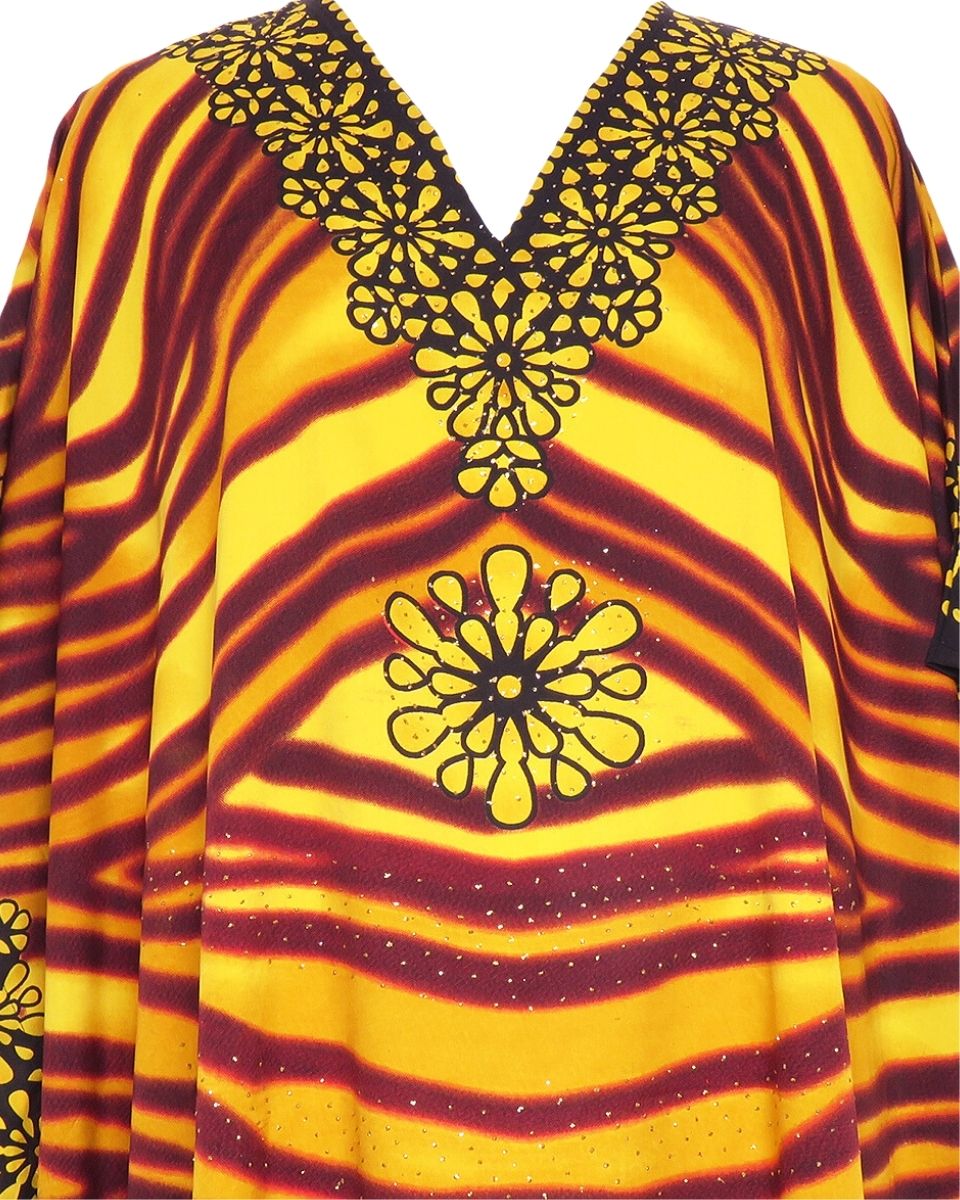 Yellow Floral Print Plus Size Polyester Kaftan For Women