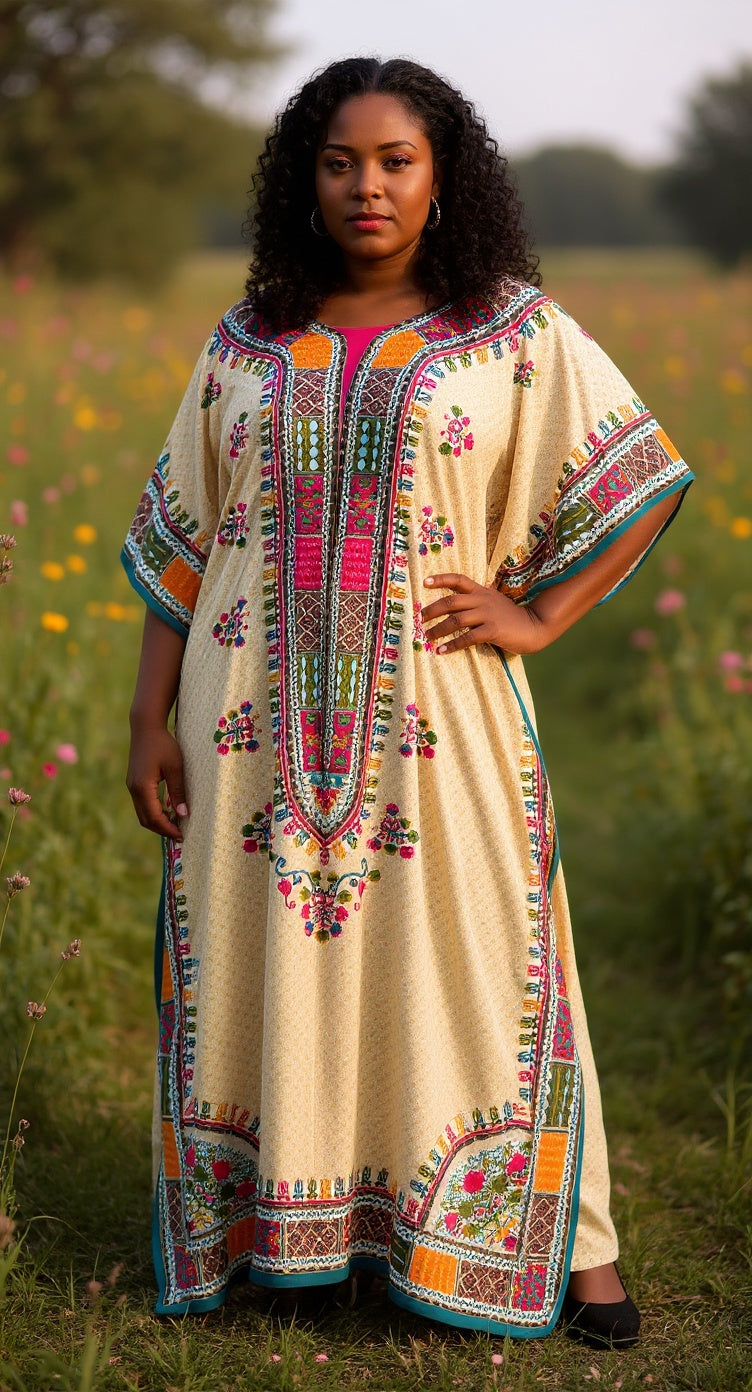 Tribal Print Beige Polyester Women Plus Size Kaftan Dress