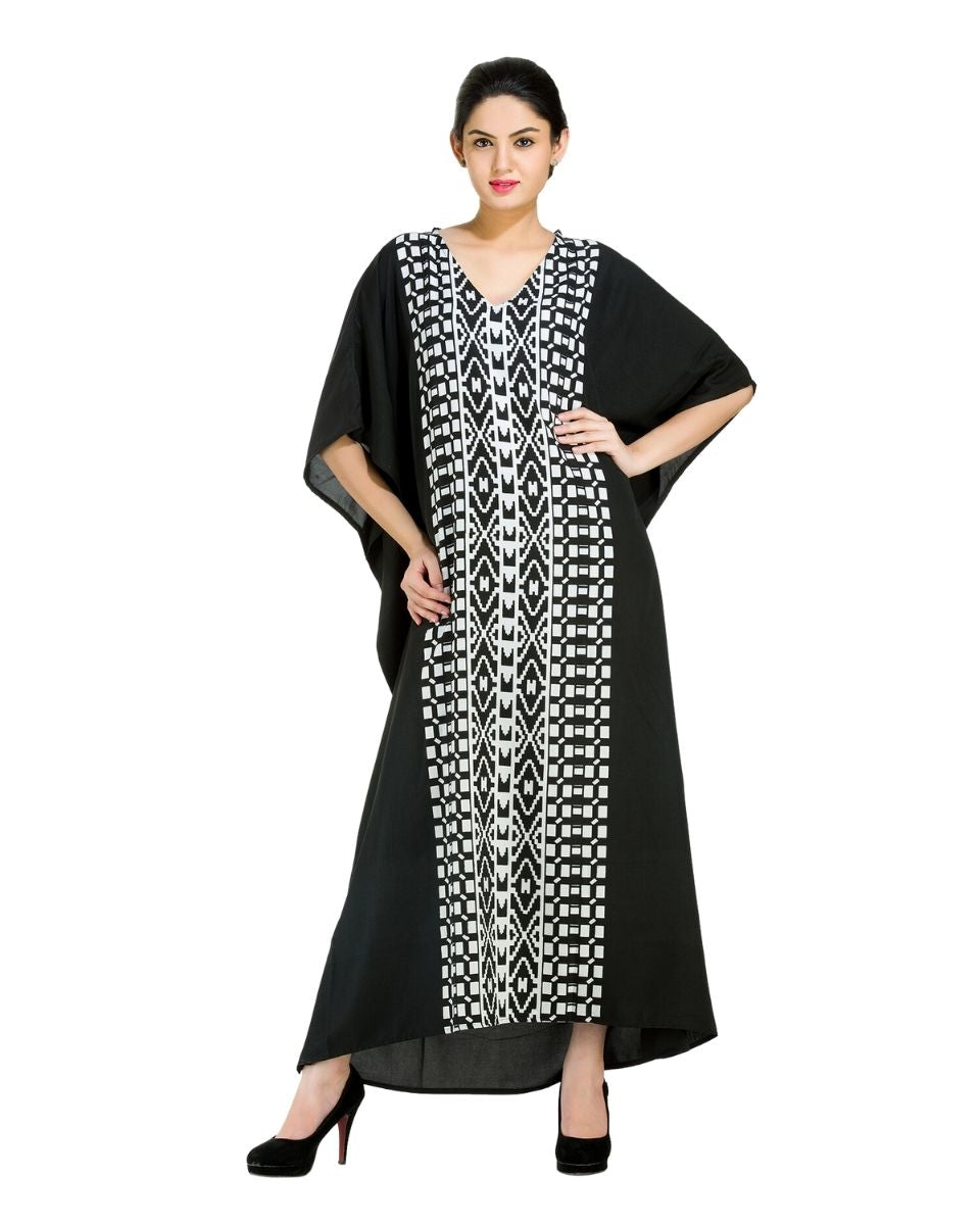 Abstract print Black Polyester Kimono Sleeve Plus Size Kaftan For Women