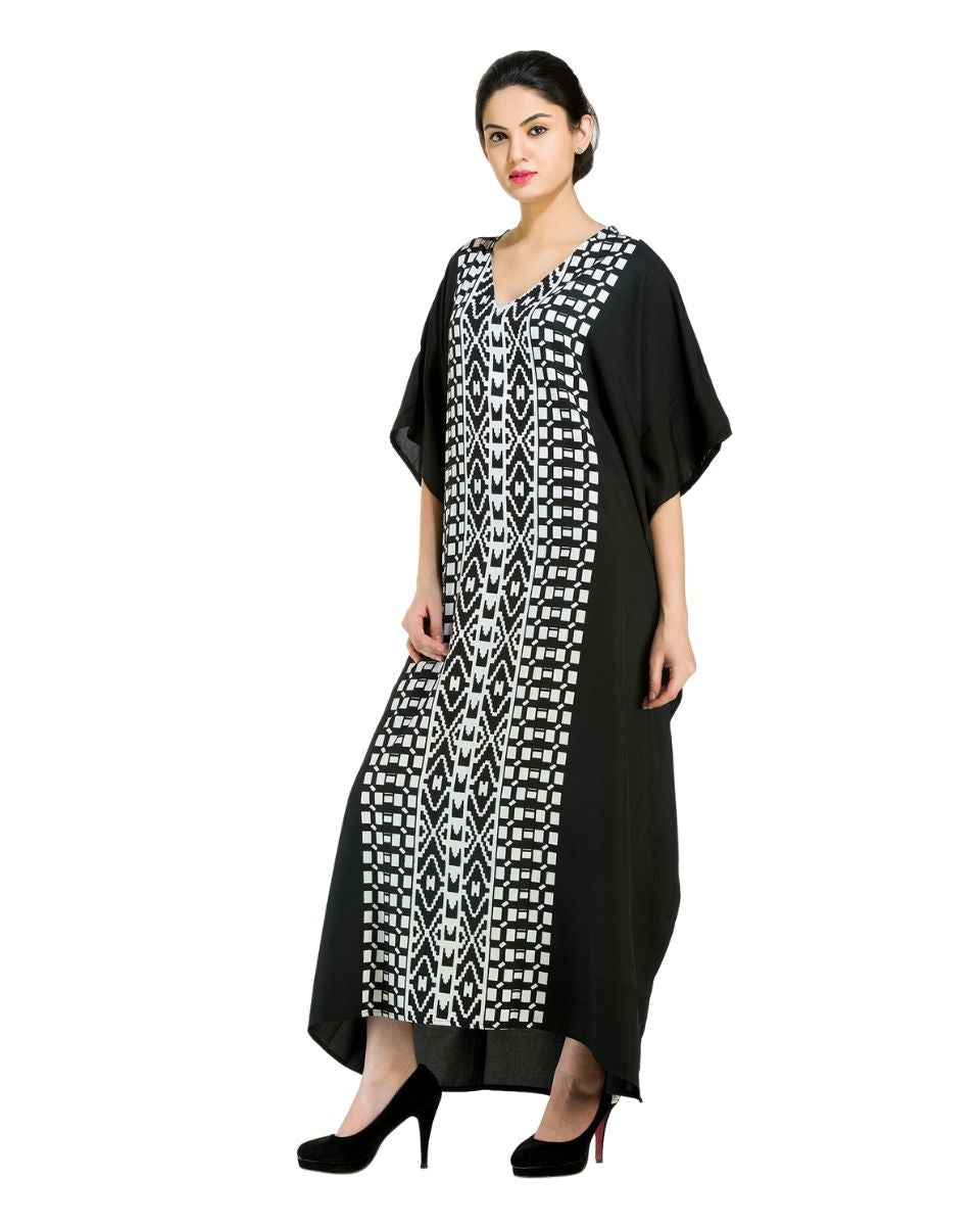 Abstract print Black Polyester Kimono Sleeve Plus Size Kaftan For Women