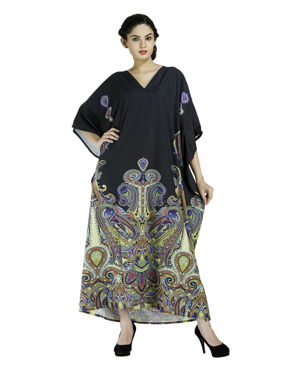 Paisley Pattern Black Kimono Sleeve Polyester Kaftan For Plus Size Women