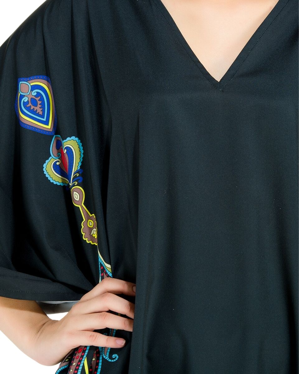 Paisley Pattern Black Kimono Sleeve Polyester Kaftan For Plus Size Women