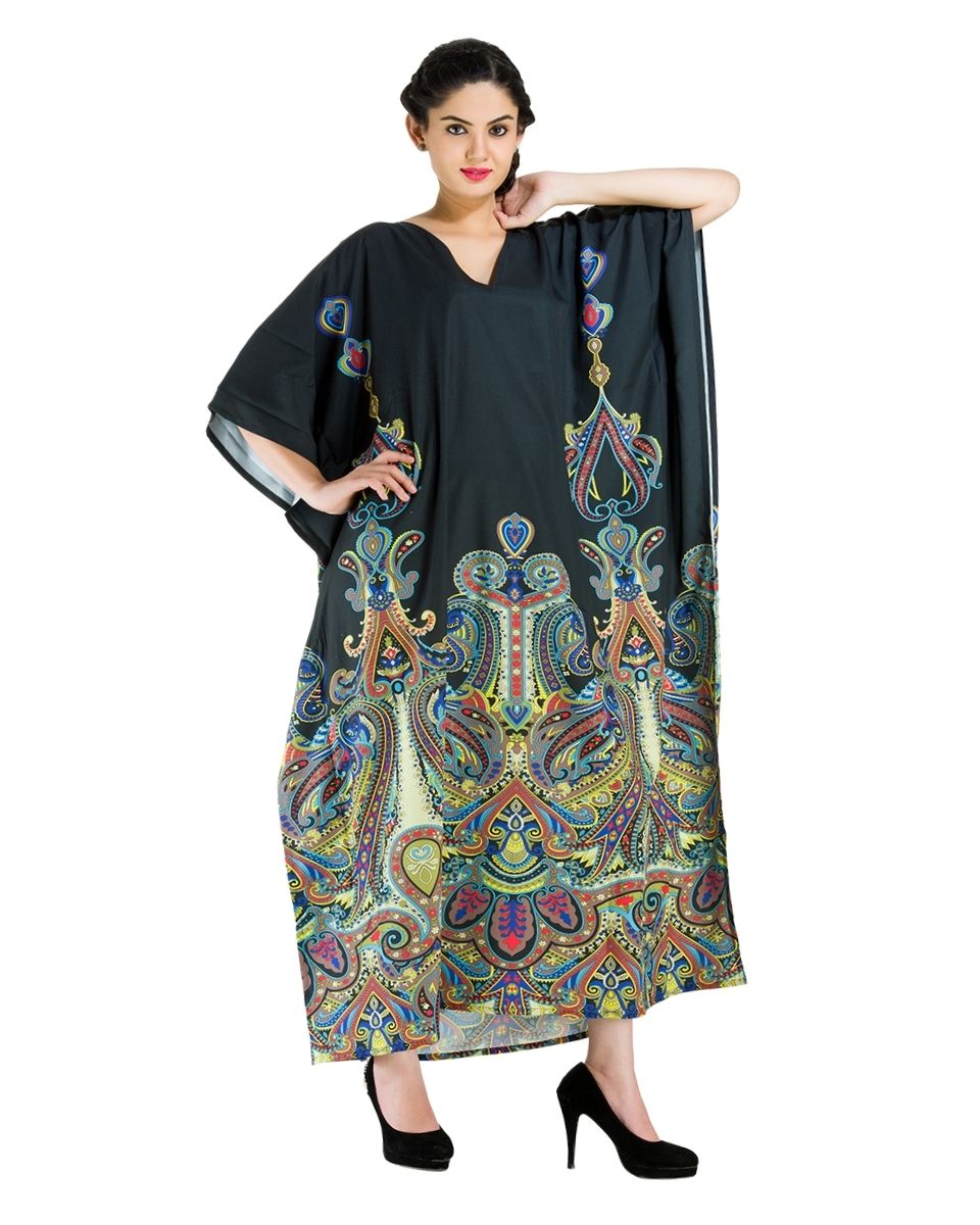 Paisley Pattern Black Kimono Sleeve Polyester Kaftan For Plus Size Women