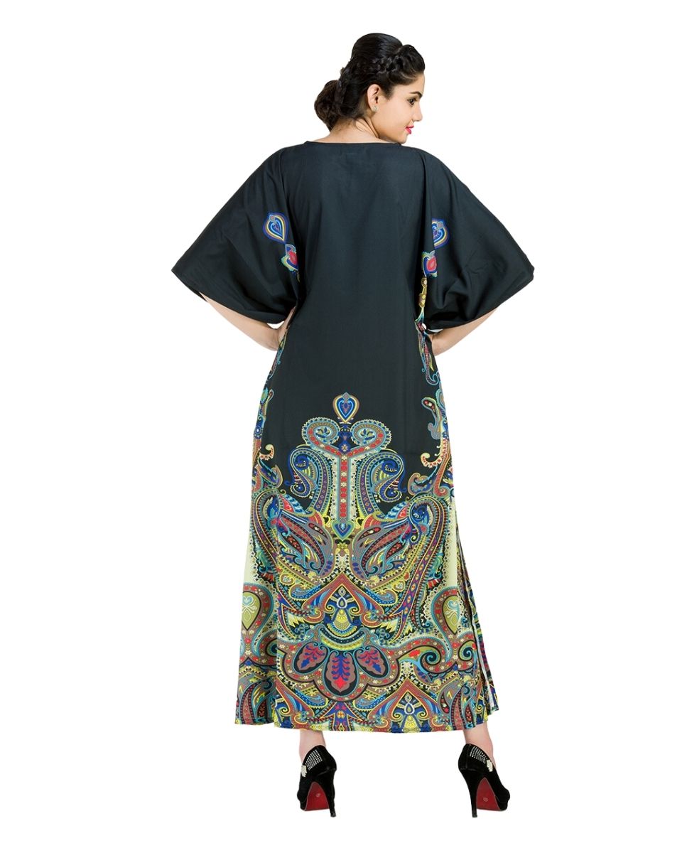 Paisley Pattern Black Kimono Sleeve Polyester Kaftan For Plus Size Women