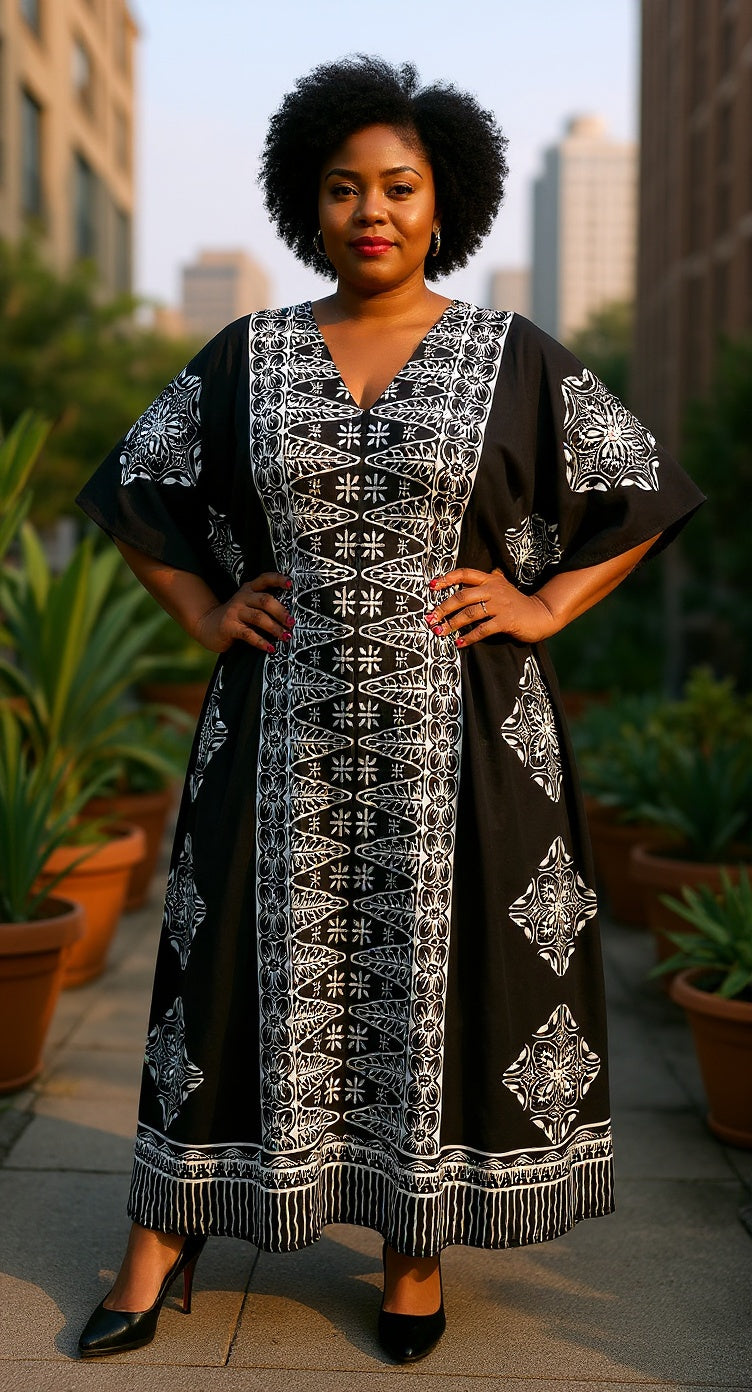 Floral Printed Black Polyester Kaftan Plus Size Dress For Women