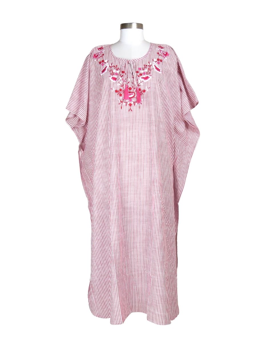 Pink Cotton Striped Pattern Long Kaftan For Plus Size Women