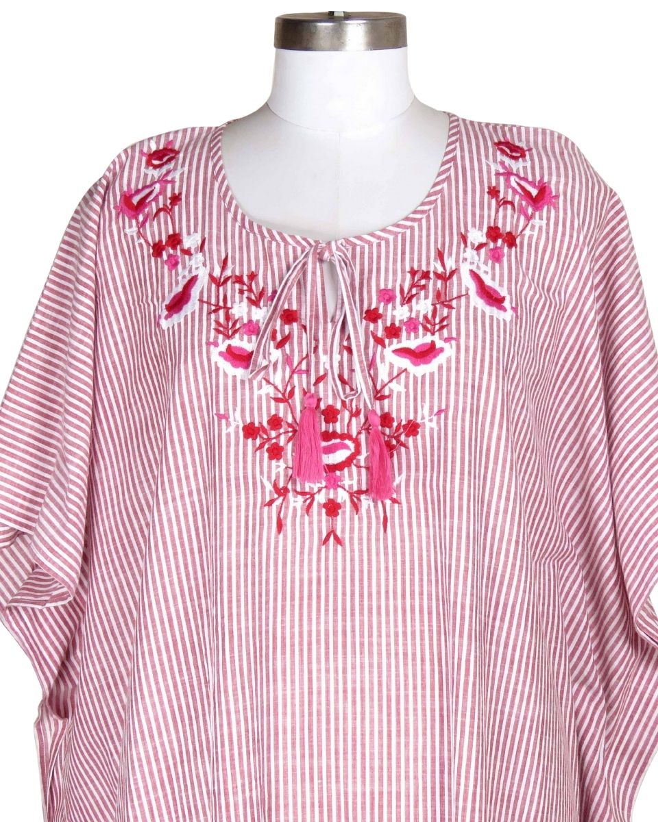 Pink Cotton Striped Pattern Long Kaftan For Plus Size Women