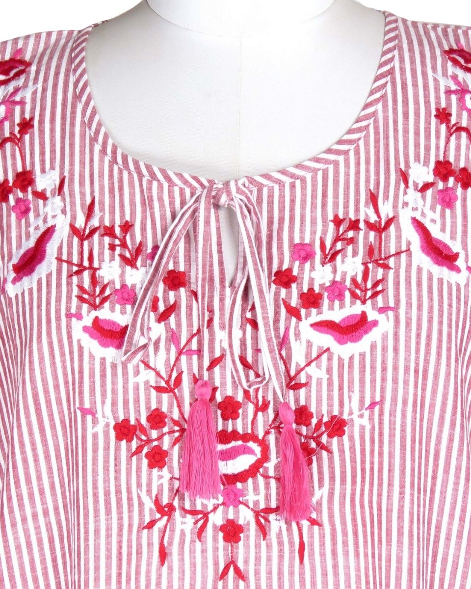 Pink Cotton Striped Pattern Long Kaftan For Plus Size Women