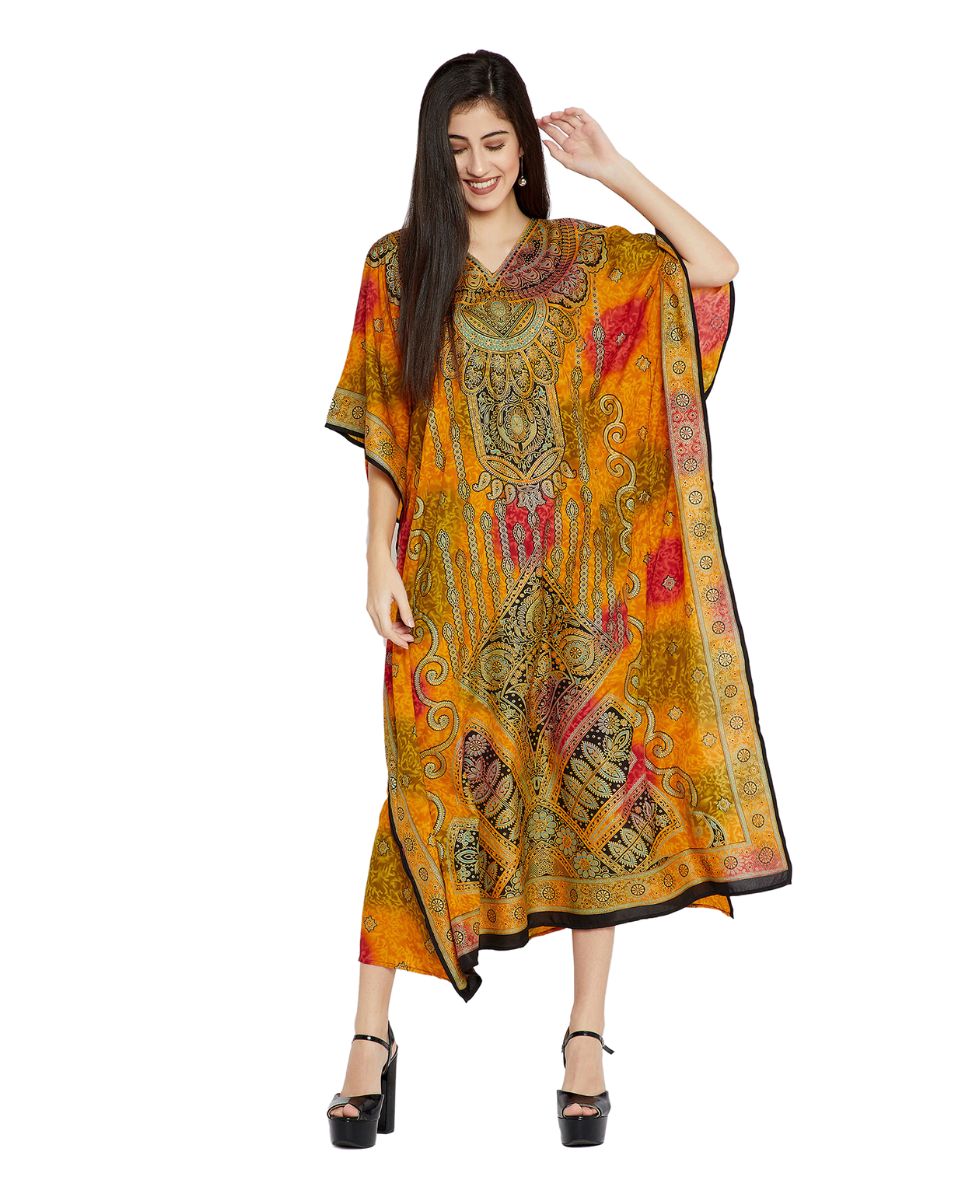 Mustard Yellow Floral Paisley Plus Size Kaftan Dress For Women Maxi