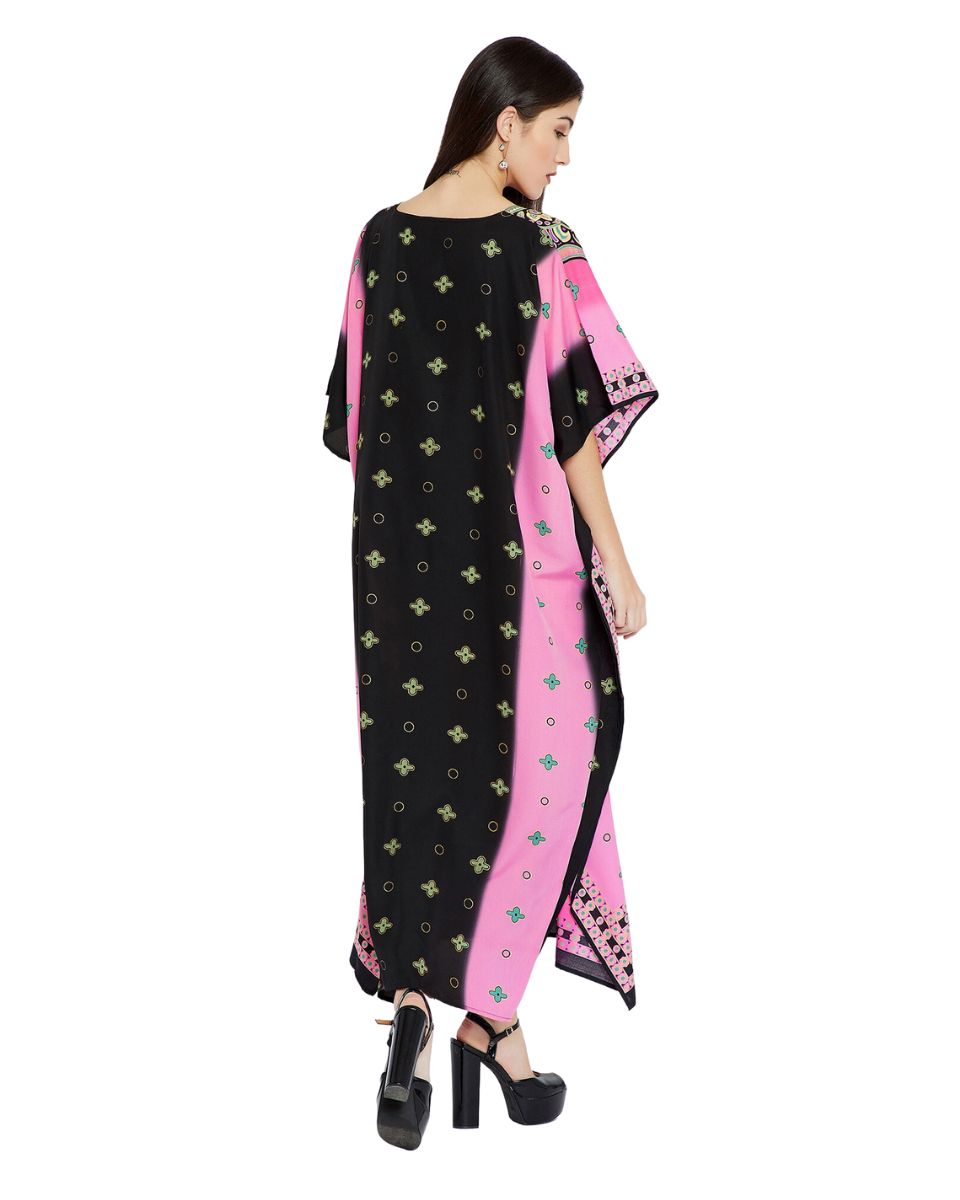 Pink And Black Plus Size Long Kimono Polyester Caftan For Women