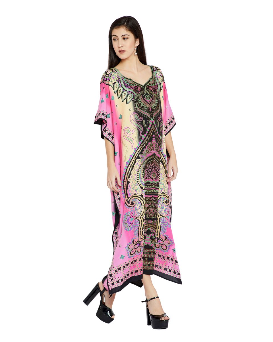 Pink And Black Plus Size Long Kimono Polyester Caftan For Women