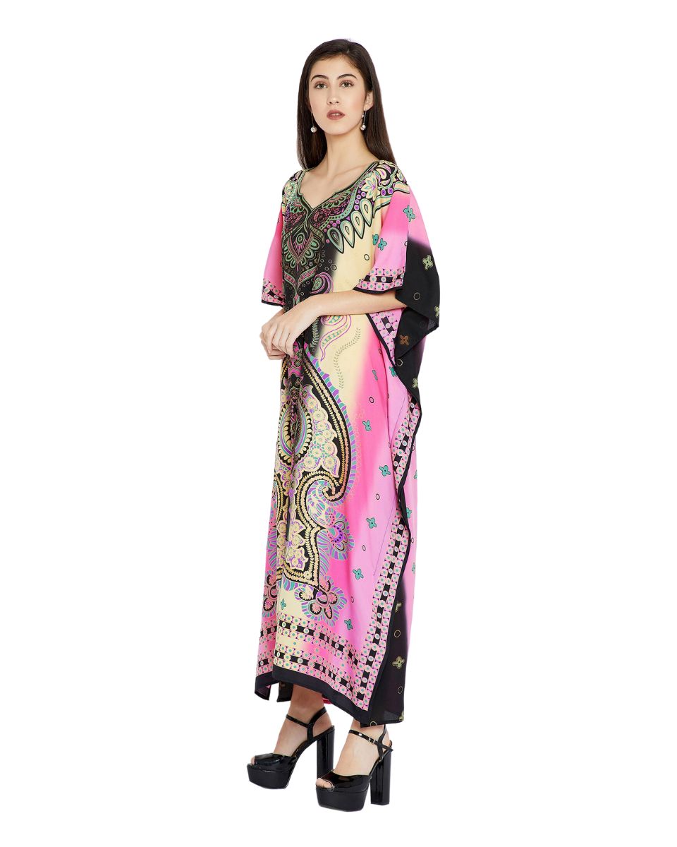 Pink And Black Plus Size Long Kimono Polyester Caftan For Women