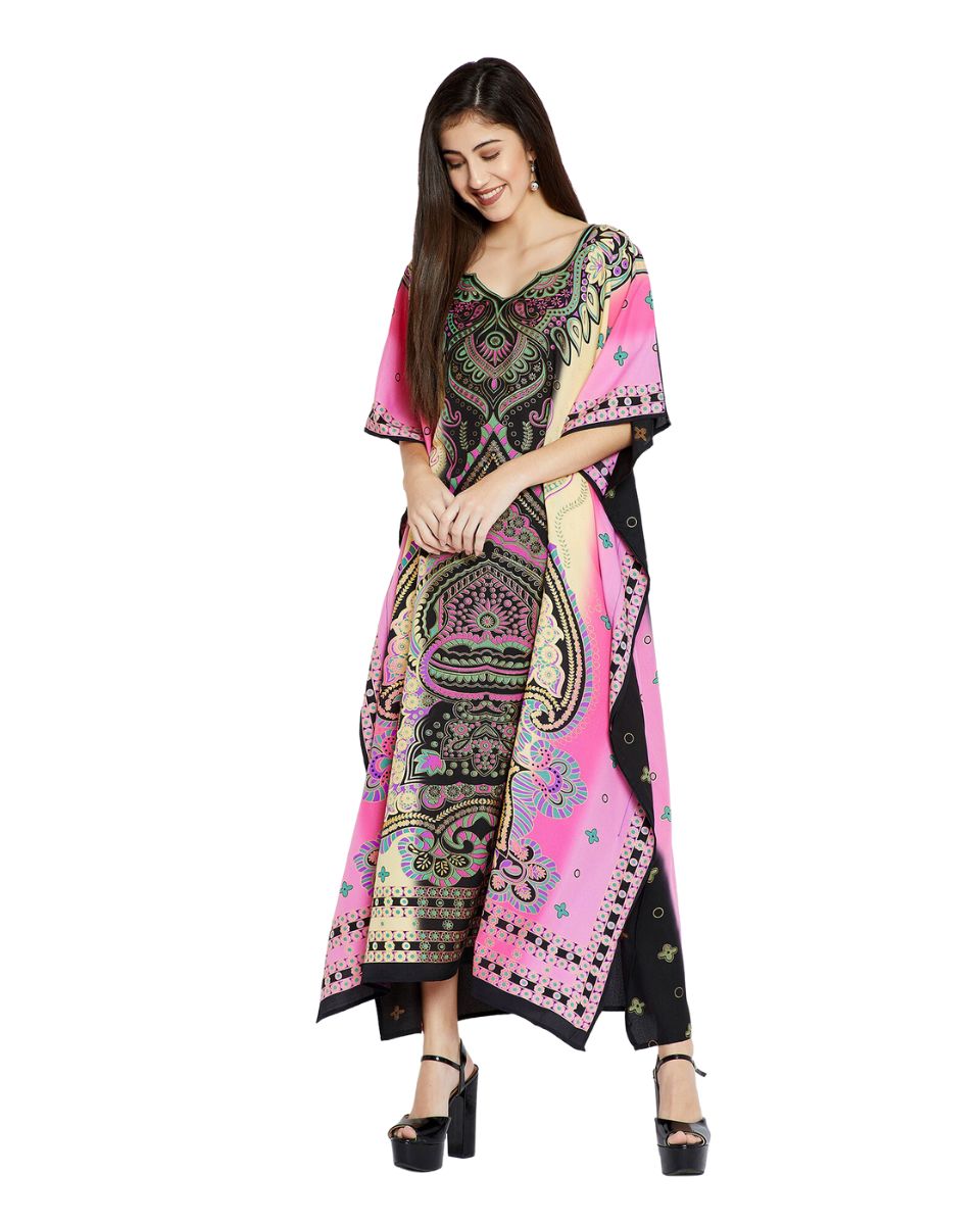 Pink And Black Plus Size Long Kimono Polyester Caftan For Women