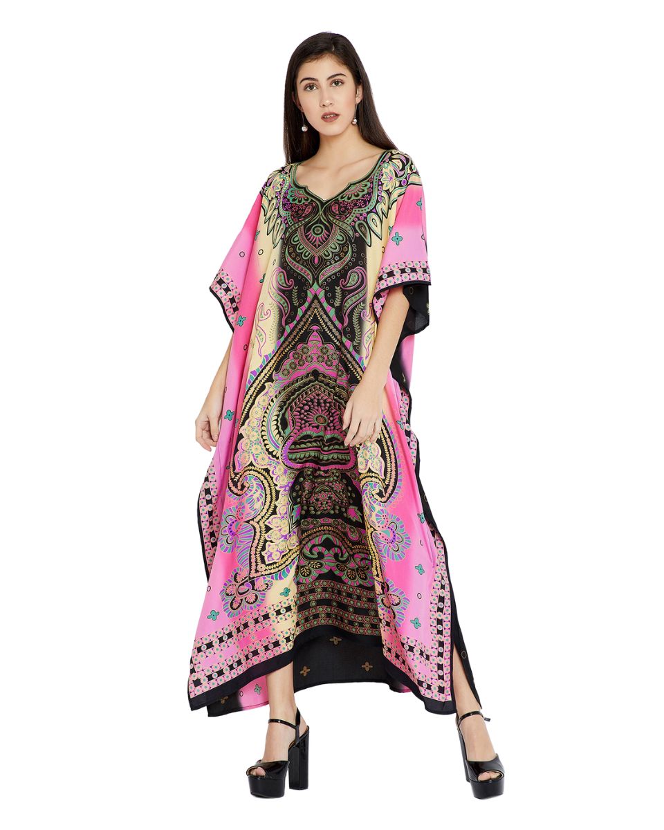 Pink And Black Plus Size Long Kimono Polyester Caftan For Women