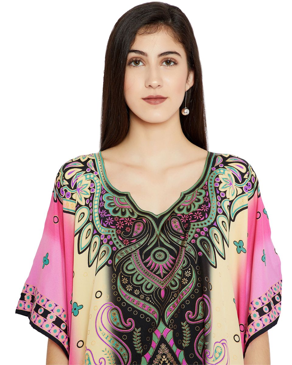 Pink And Black Plus Size Long Kimono Polyester Caftan For Women