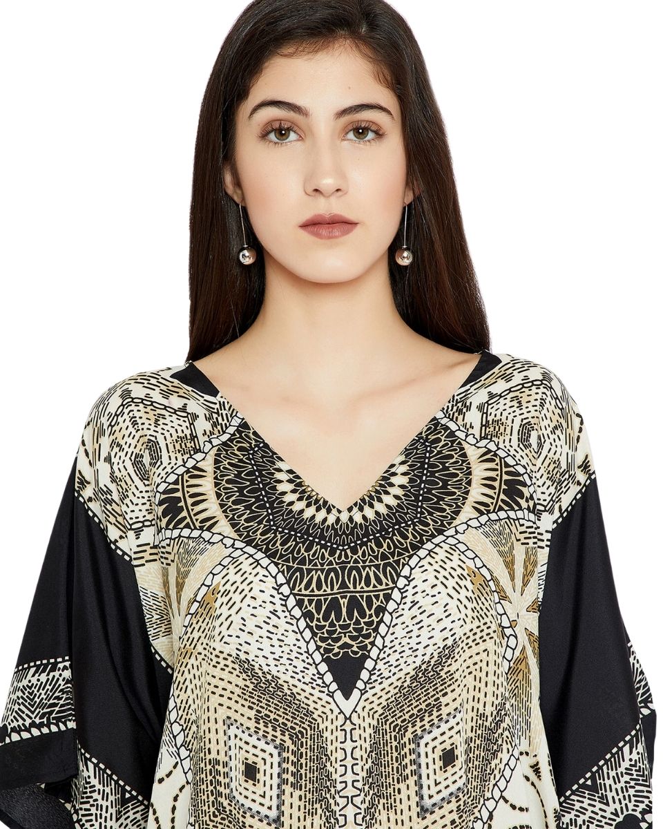 Geometric Pattern Black Plus Size Polyester Kaftan For Women