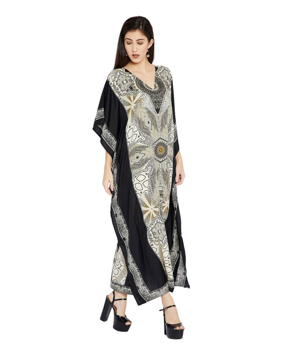 Geometric Pattern Black Plus Size Polyester Kaftan For Women