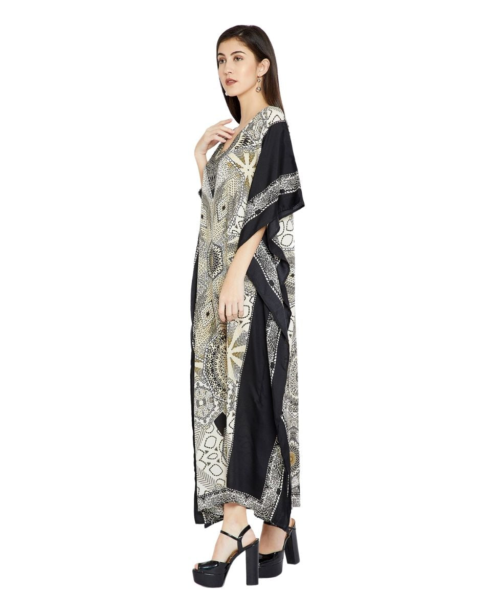 Geometric Pattern Black Plus Size Polyester Kaftan For Women