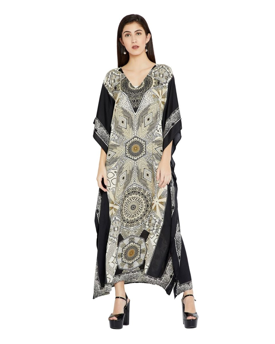 Geometric Pattern Black Plus Size Polyester Kaftan For Women