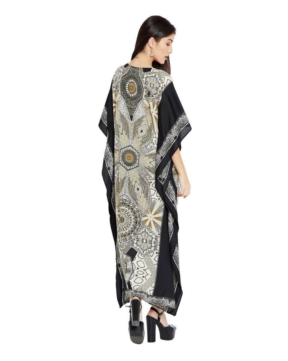 Geometric Pattern Black Plus Size Polyester Kaftan For Women