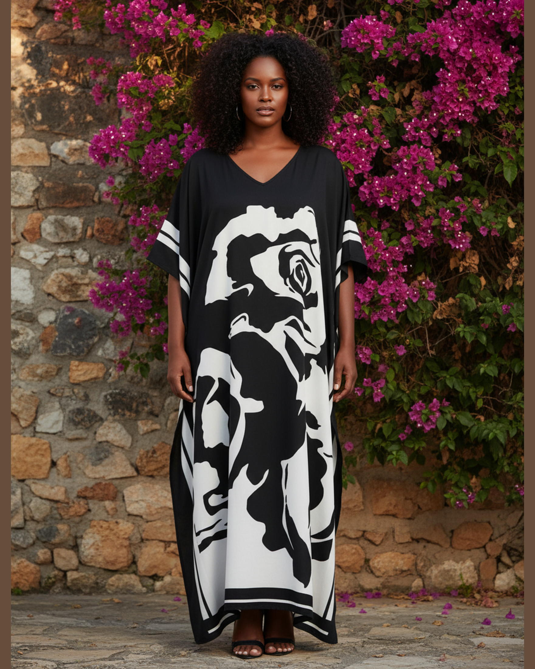 Floral Printed Black Polyester Plus Size Kaftan Dress For Women