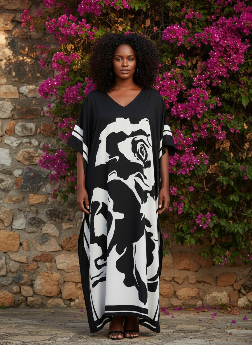 Floral Printed Black Polyester Plus Size Kaftan Dress For Women