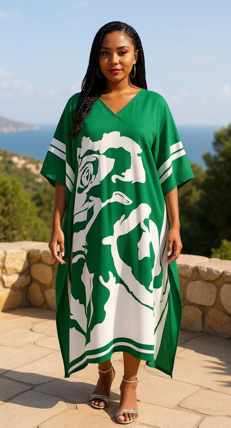 Floral Printed Green Polyester Kaftan Plus Size Dress For Women