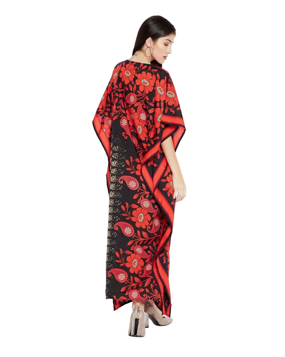 Floral Printed Red Polyester Kaftan Plus Size Dress For Women