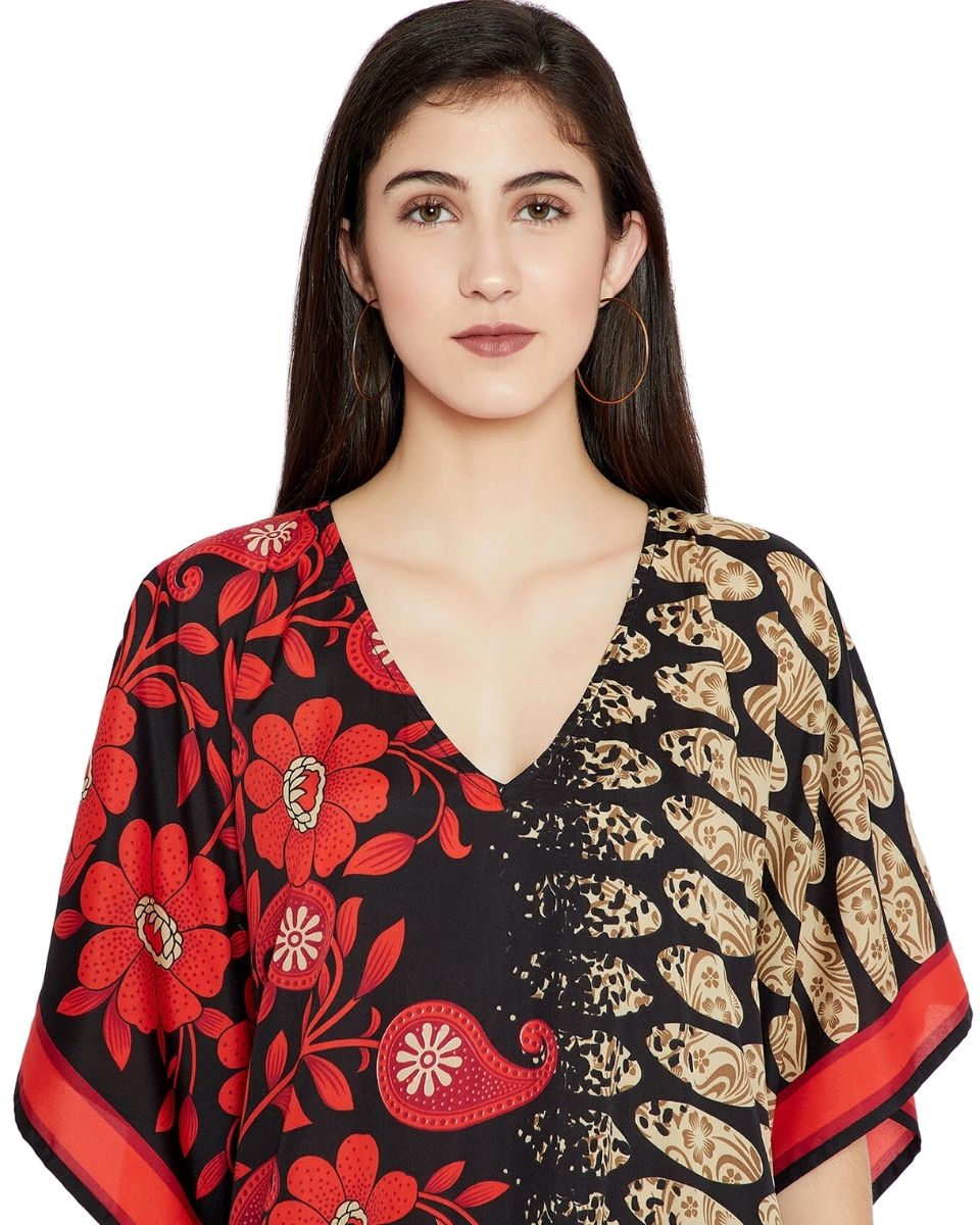 Floral Printed Red Polyester Kaftan Plus Size Dress For Women