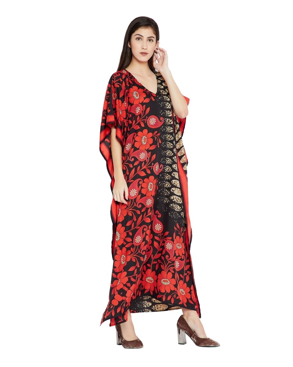 Floral Printed Red Polyester Kaftan Plus Size Dress For Women