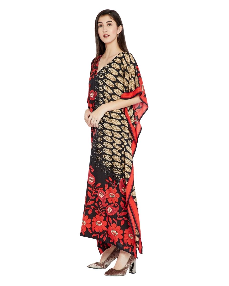 Floral Printed Red Polyester Kaftan Plus Size Dress For Women