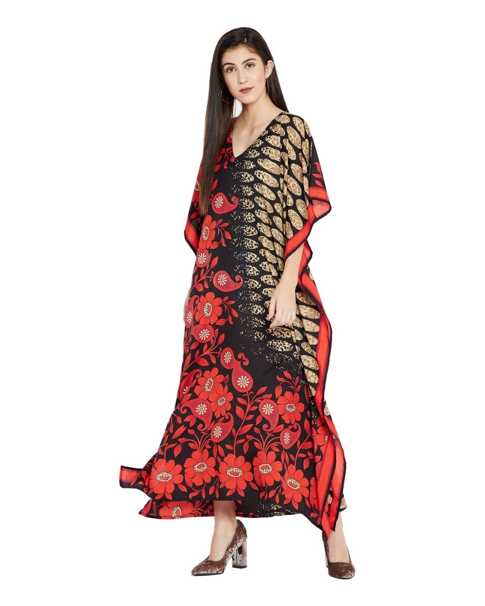 Floral Printed Red Polyester Kaftan Plus Size Dress For Women