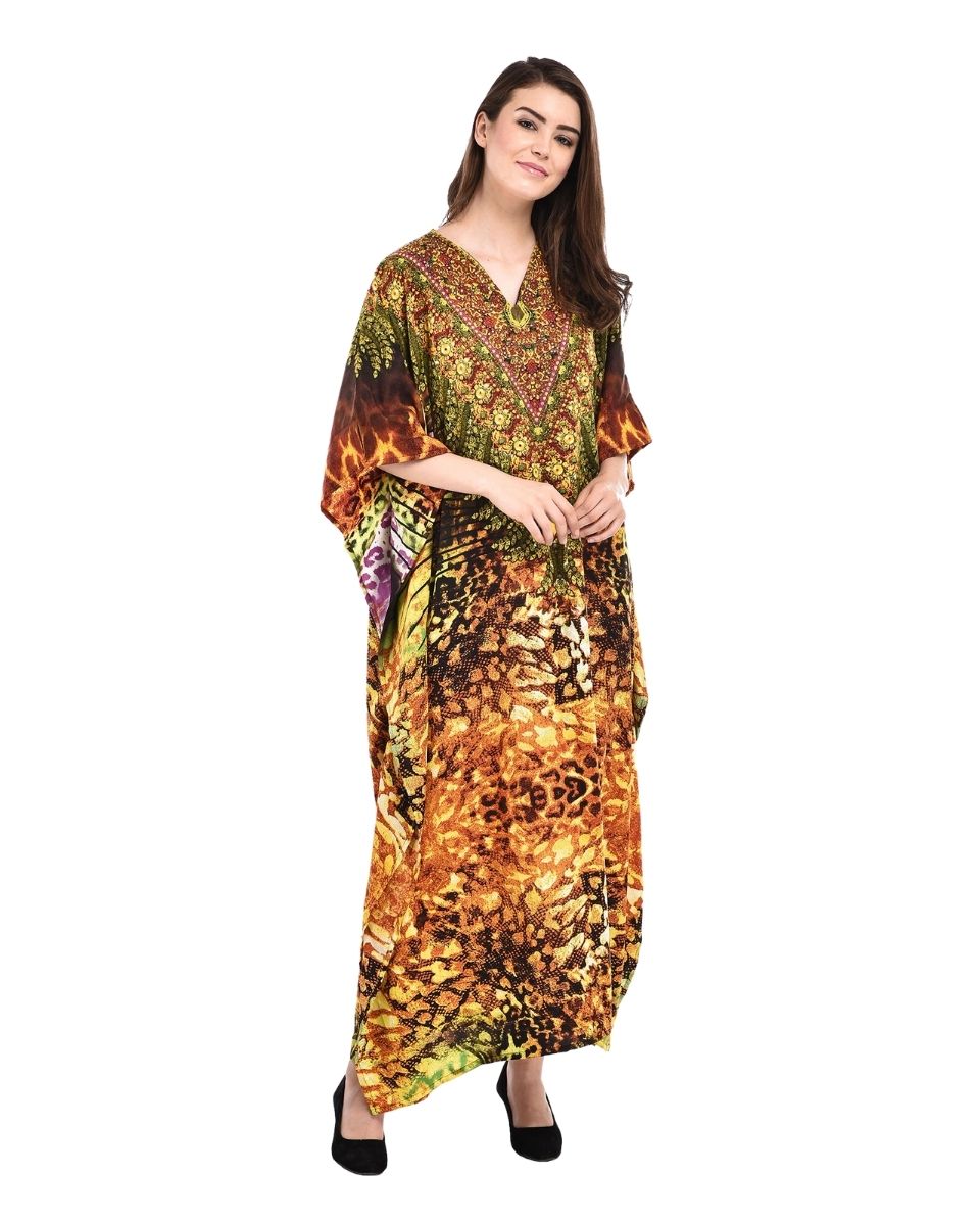 Women Multicolored Leopard Print Polyester Kimono Plus Size Caftan