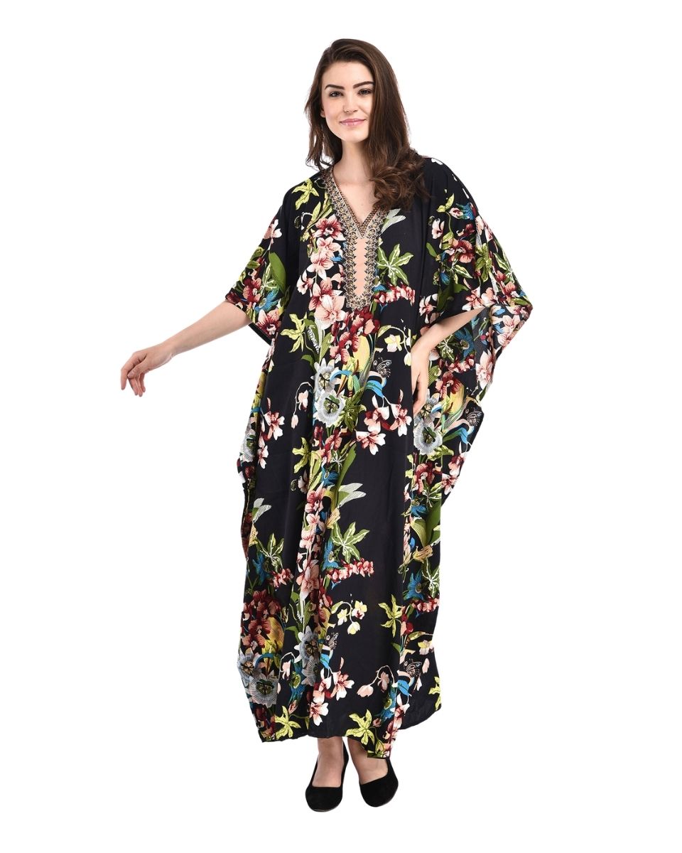 Black Floral Printed Polyester Kaftan For Plus Size Women