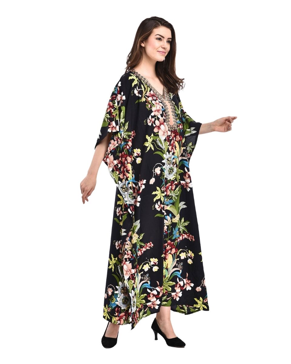 Black Floral Printed Polyester Kaftan For Plus Size Women