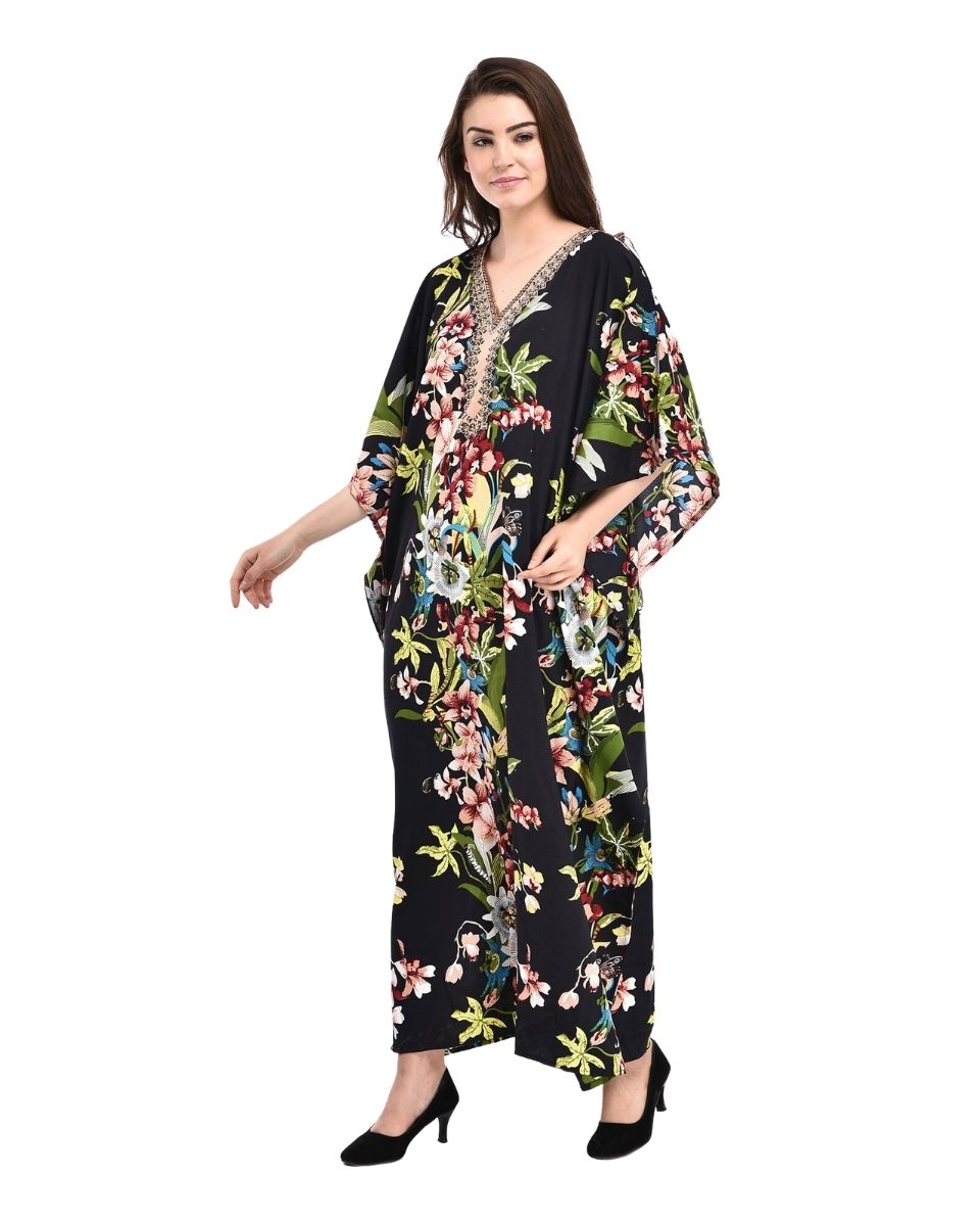 Black Floral Printed Polyester Kaftan For Plus Size Women