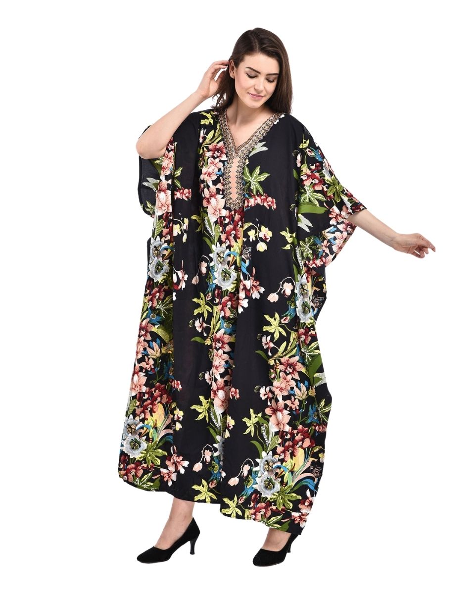 Black Floral Printed Polyester Kaftan For Plus Size Women