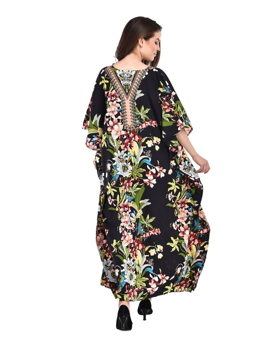 Black Floral Printed Polyester Kaftan For Plus Size Women