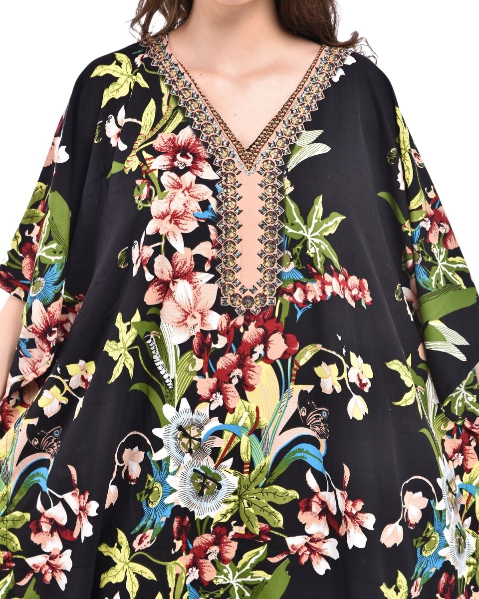 Black Floral Printed Polyester Kaftan For Plus Size Women